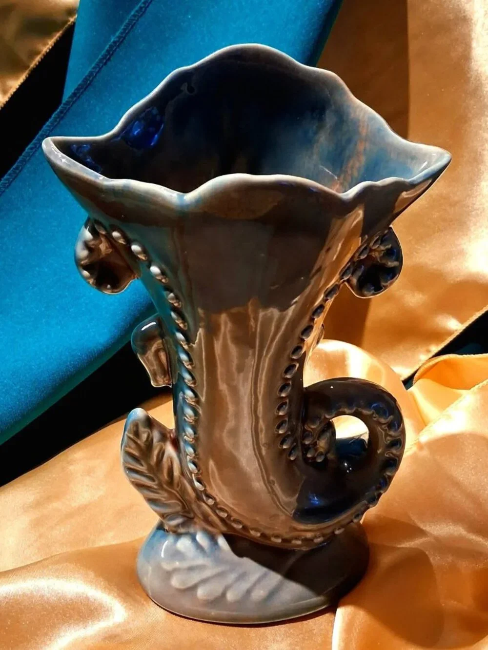 A Vintage Art Pottery Cornucopia Vase Blue Grey Drip Glaze Horn of Plenty MCM